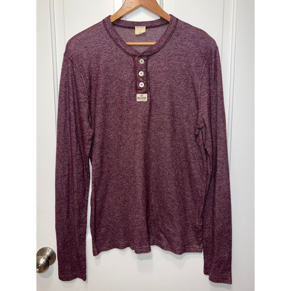 Hollister Mens Long Sleeve Henley Shirt Burgundy Marl Waffle Knit Large